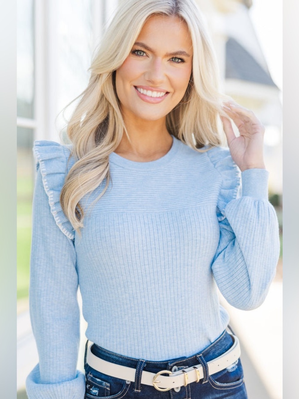 Shop the Mint "Reach For You" Light Blue Ruffled Sweater